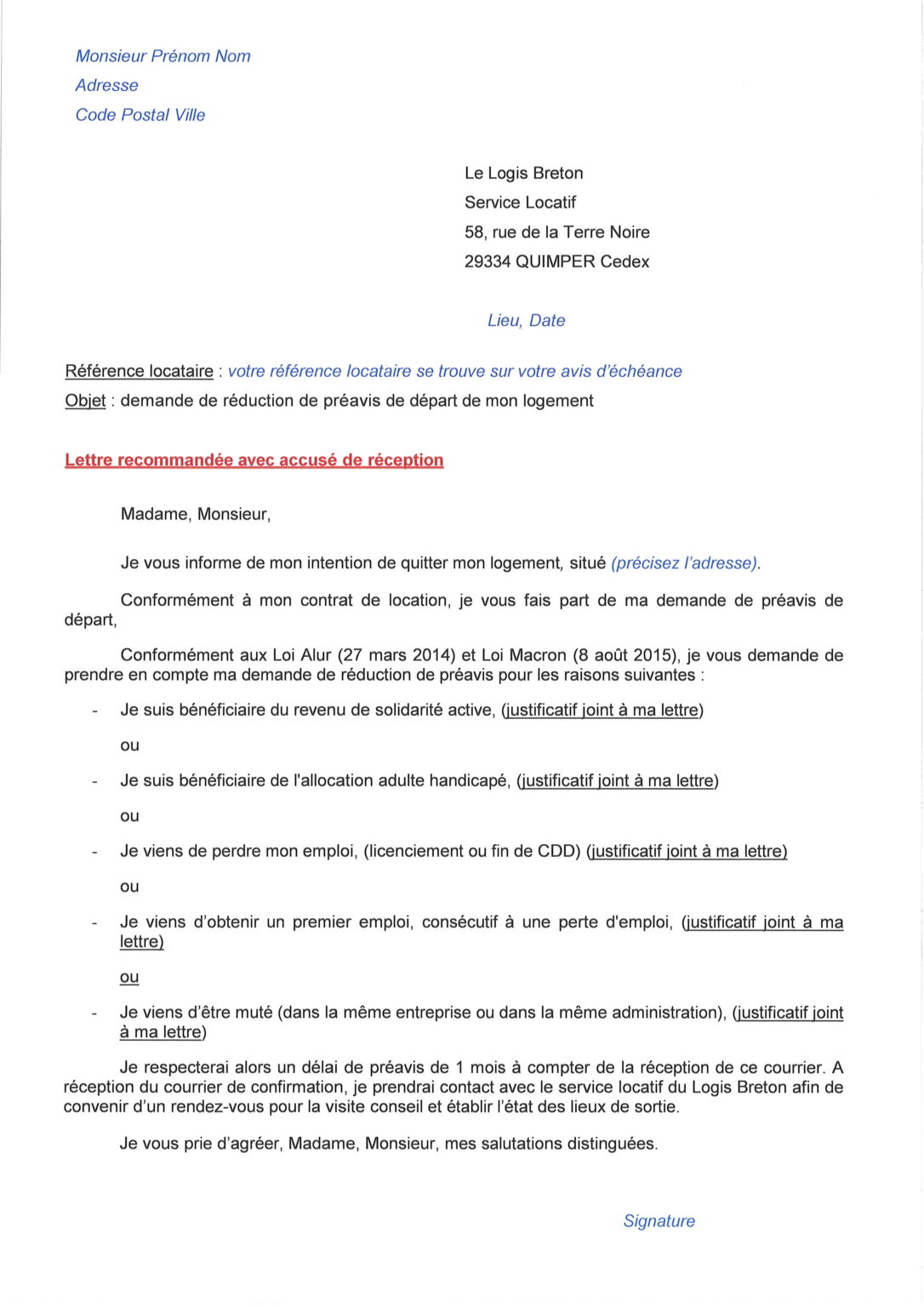 lettre préavis logement social